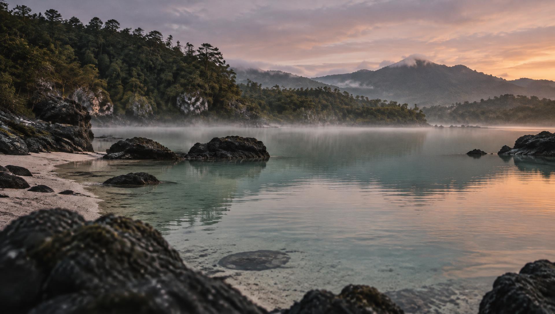 Still lagoon water at dusk, framed by dark rocks and a low misty shoreline